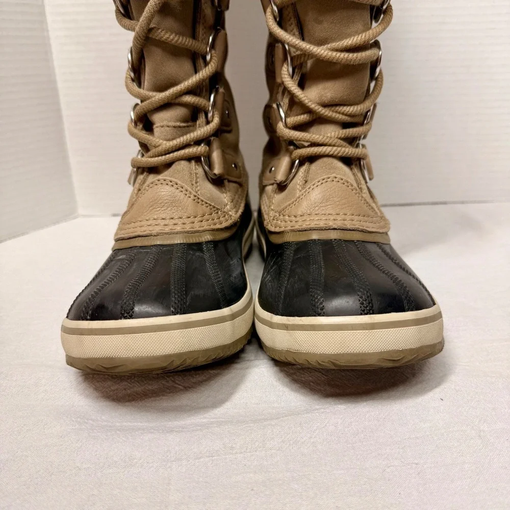 Sorel Joan of Arctic Boots Women 6.5 Waterproof Snow Faux Fur Camel Navy NL3481